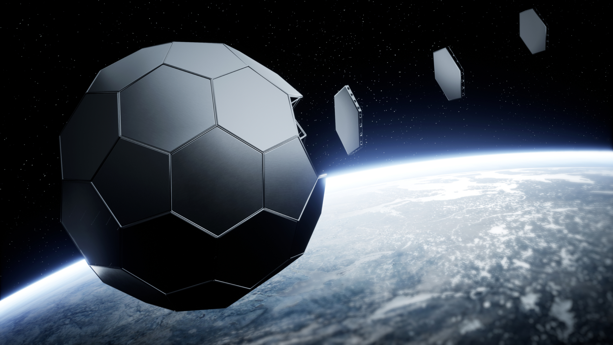 Rendering of a sphere assembled from TESSERAE tiles above Earth